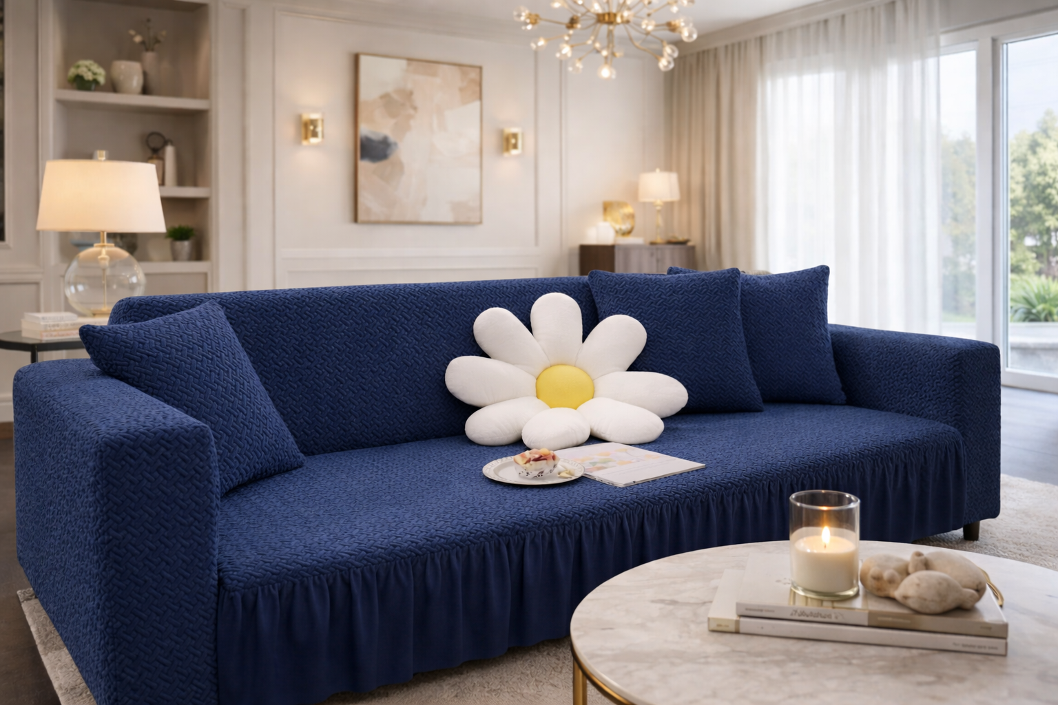 Stripe Tile Sofa Cover-Navy Blue