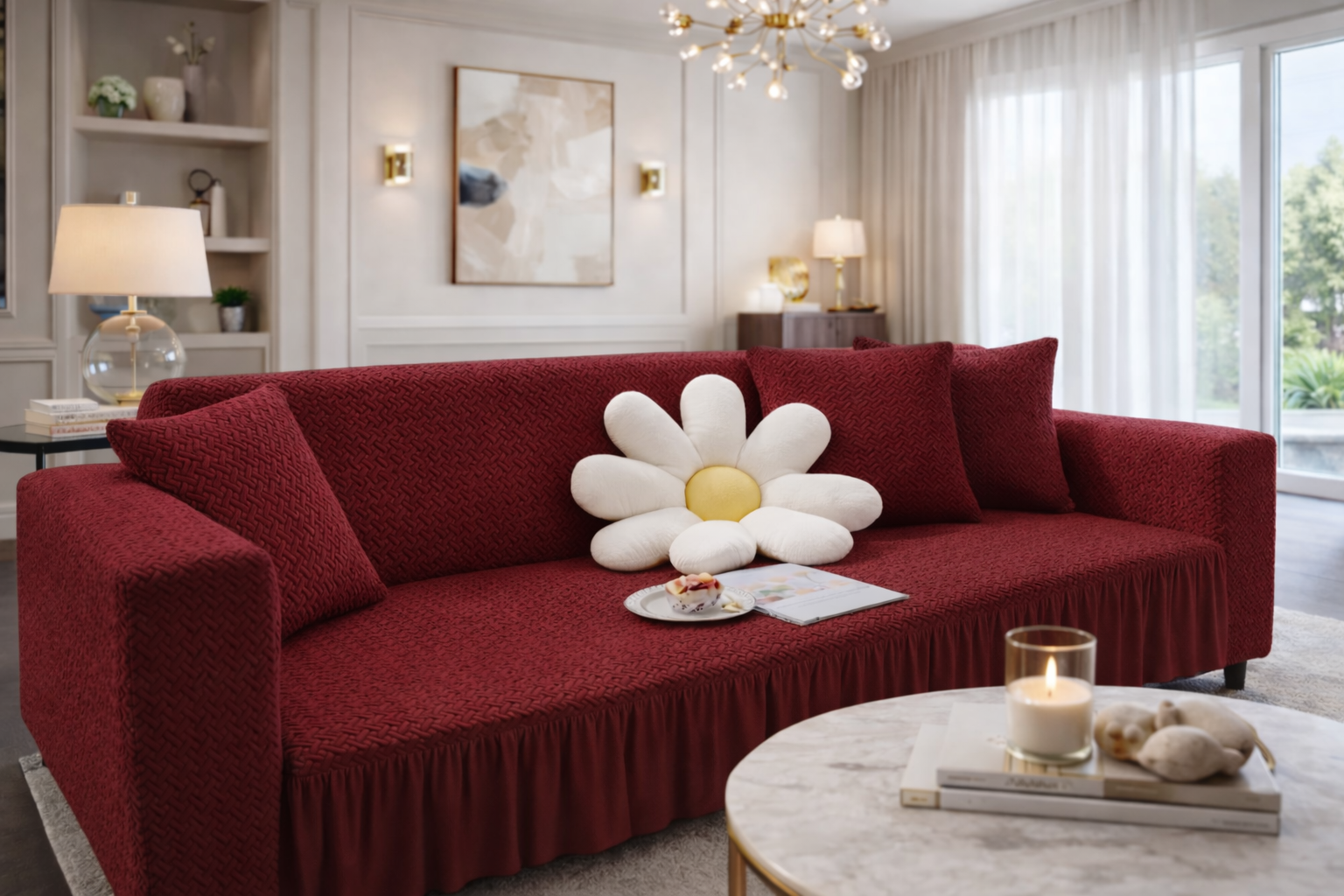 Stripe Tile Sofa Cover-Maroon